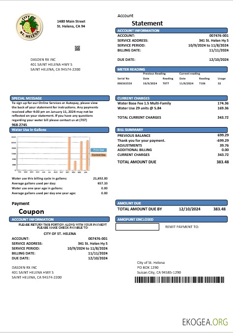 Modèle de facture de services publics de la ville de Sainte Hélène, États Unis, Californie, aux formats Word et PDF